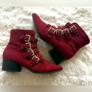 Stylish Red Ankle Boots with Buckle Detail